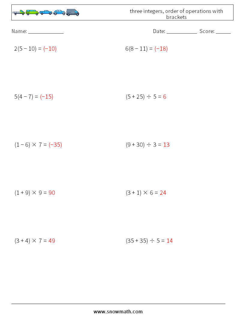 three integers, order of operations with brackets Math Worksheets 18 Question, Answer