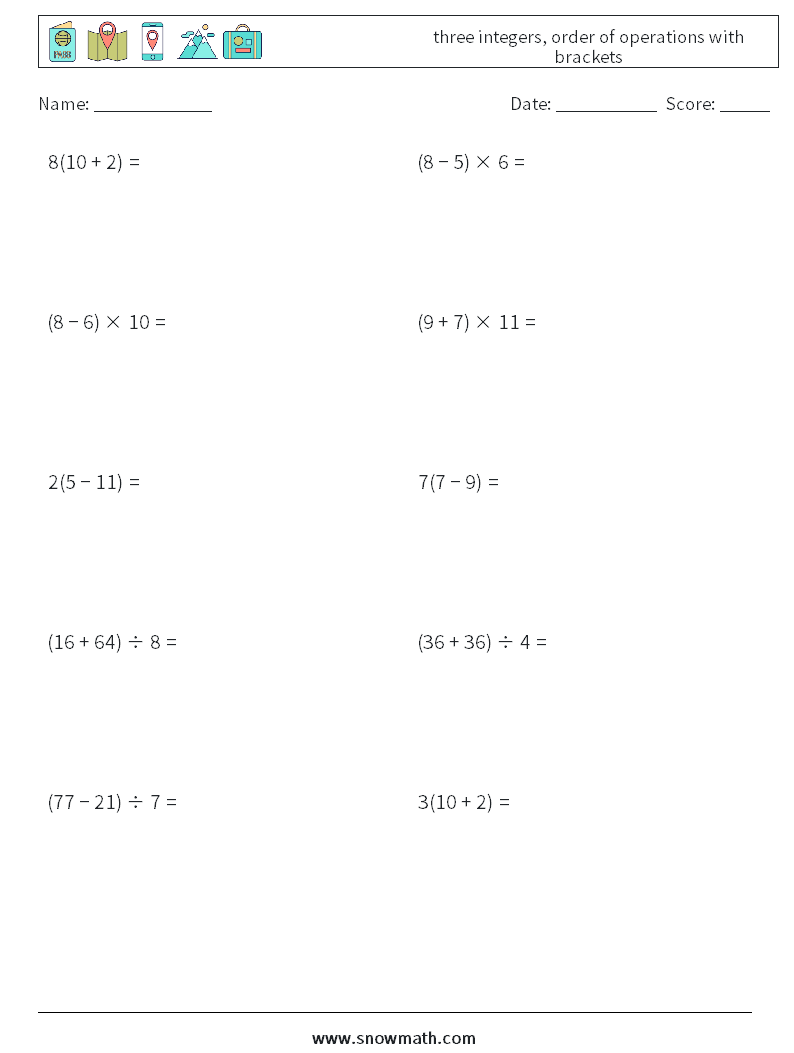 three integers, order of operations with brackets Math Worksheets 2