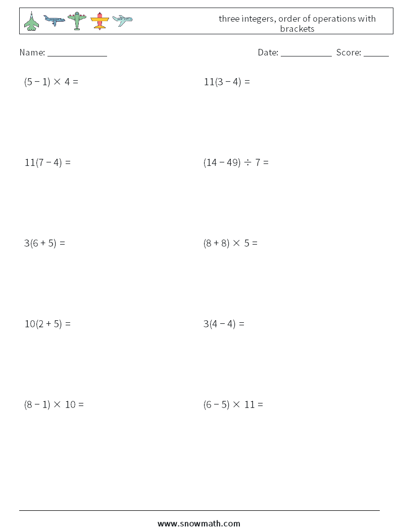 three integers, order of operations with brackets Math Worksheets 3