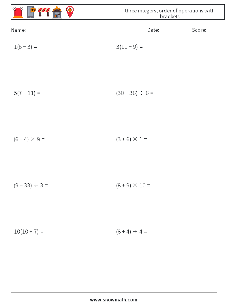 three integers, order of operations with brackets Math Worksheets 5