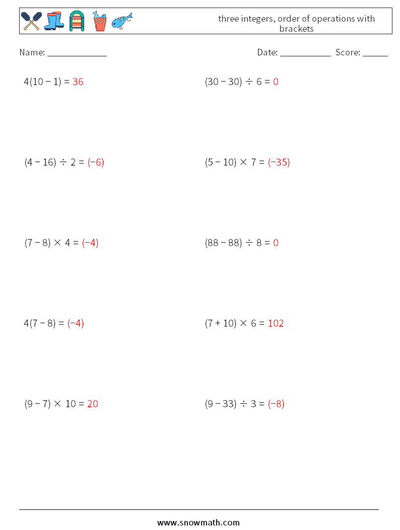 three integers, order of operations with brackets Math Worksheets 6 Question, Answer