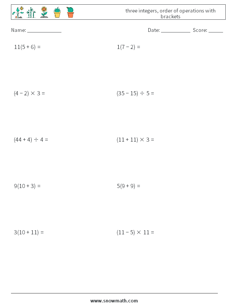 three integers, order of operations with brackets Math Worksheets 8
