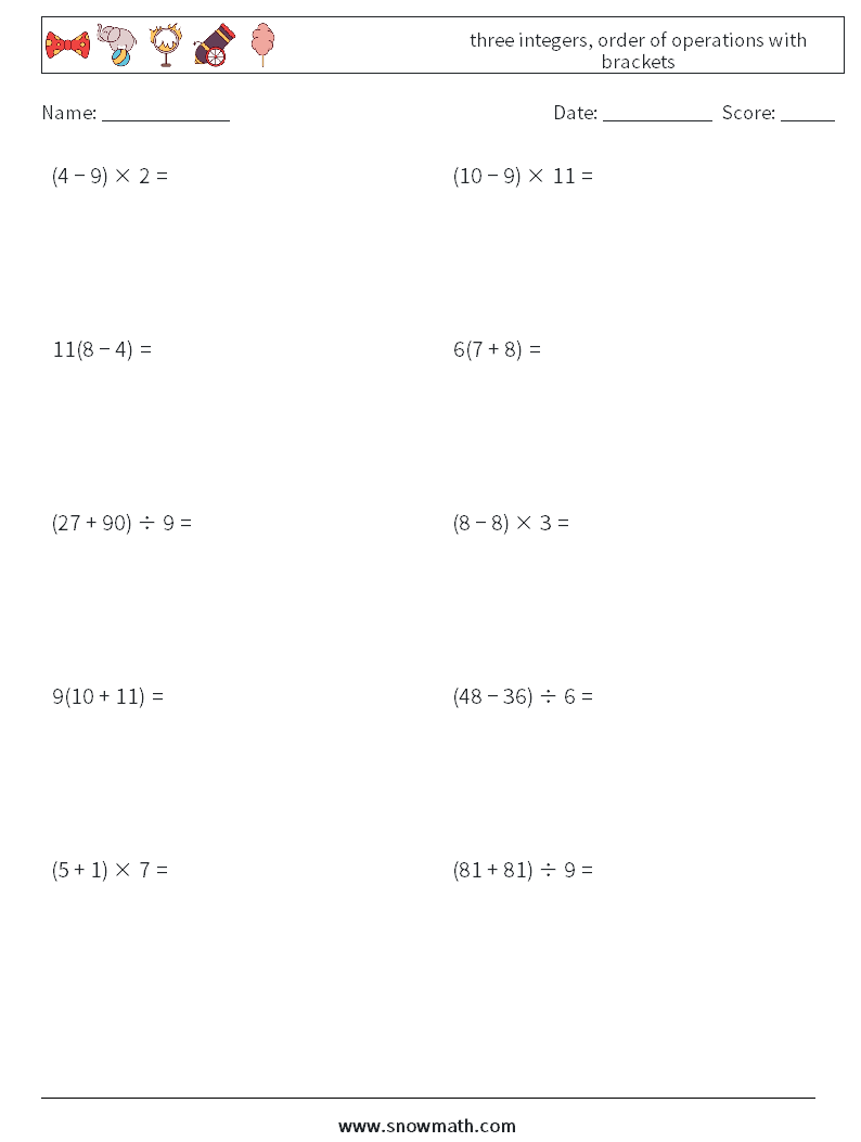 three integers, order of operations with brackets Math Worksheets 9