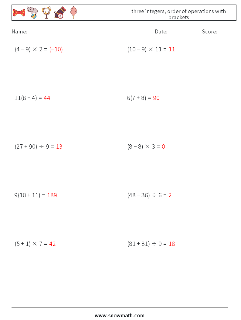 three integers, order of operations with brackets Math Worksheets 9 Question, Answer