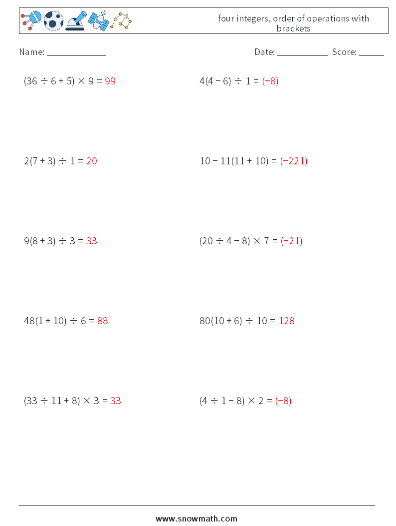 four integers, order of operations with brackets Math Worksheets 18 Question, Answer