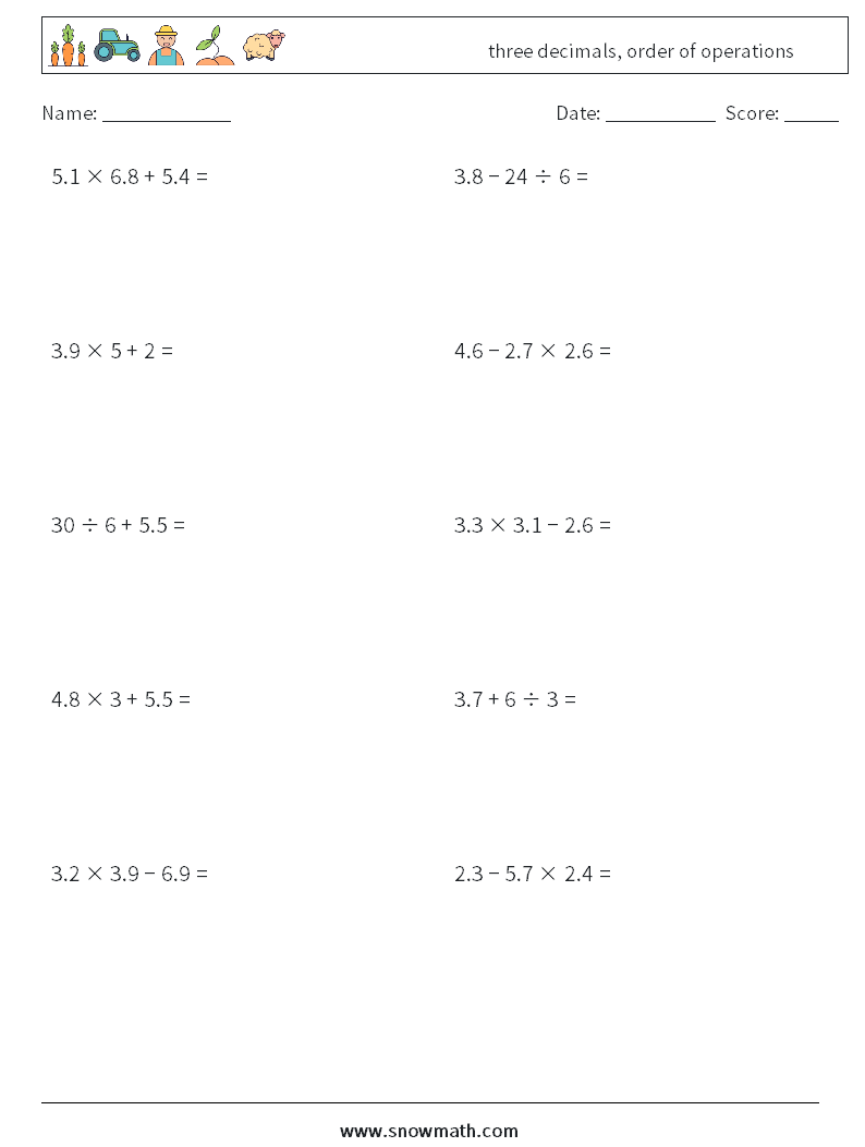 three decimals, order of operations Math Worksheets 10