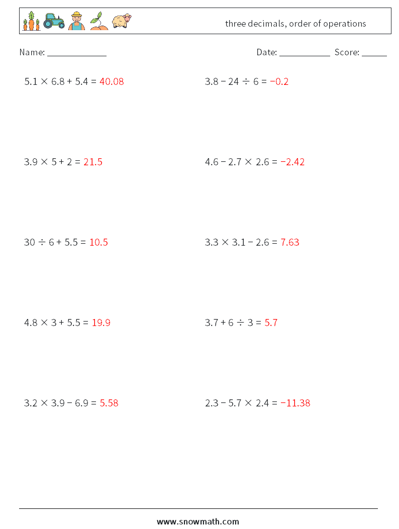 three decimals, order of operations Math Worksheets 10 Question, Answer