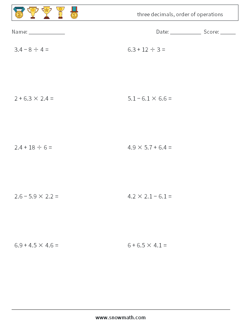 three decimals, order of operations Math Worksheets 11