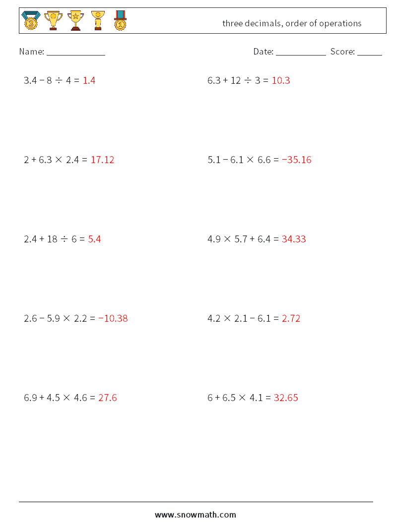 three decimals, order of operations Math Worksheets 11 Question, Answer