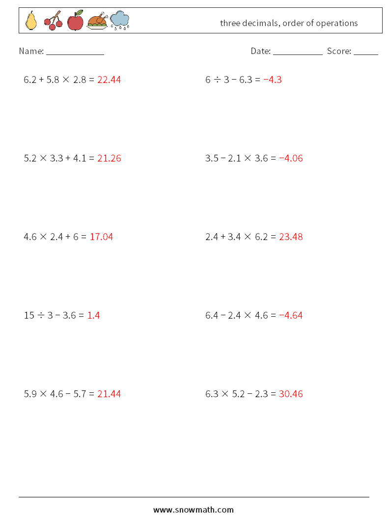 three decimals, order of operations Math Worksheets 13 Question, Answer