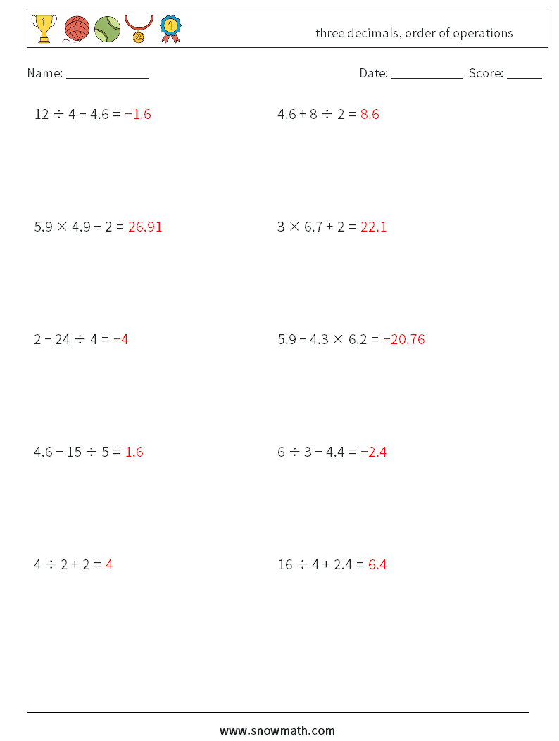 three decimals, order of operations Math Worksheets 14 Question, Answer