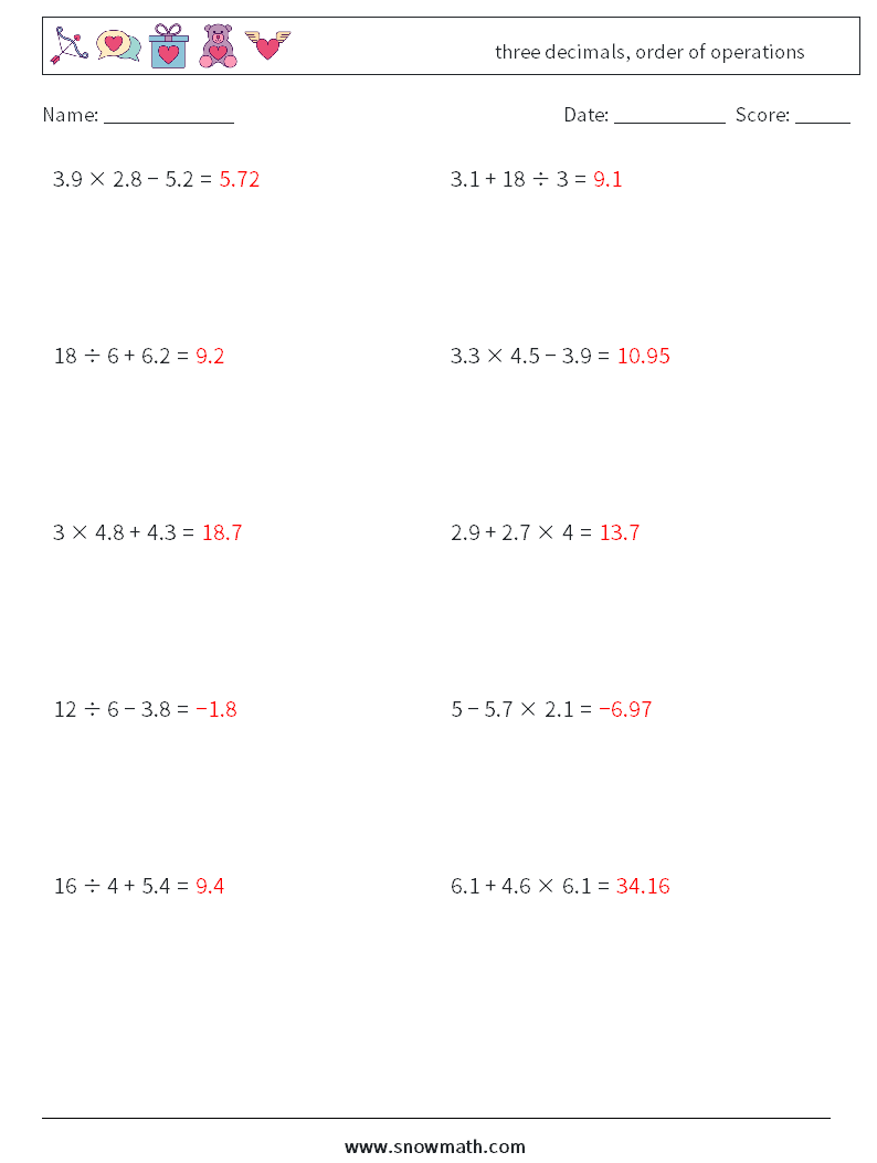 three decimals, order of operations Math Worksheets 16 Question, Answer