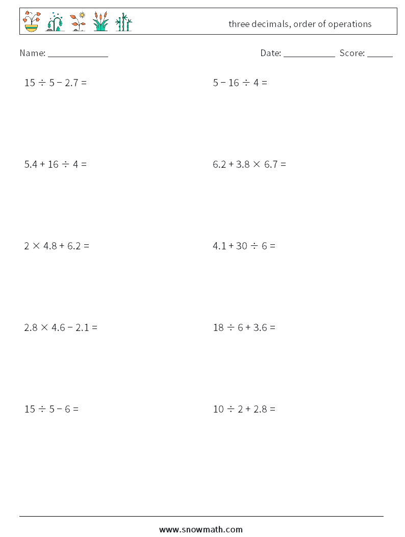 three decimals, order of operations Math Worksheets 17