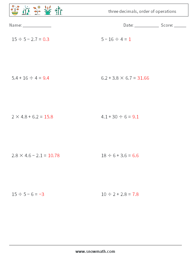 three decimals, order of operations Math Worksheets 17 Question, Answer