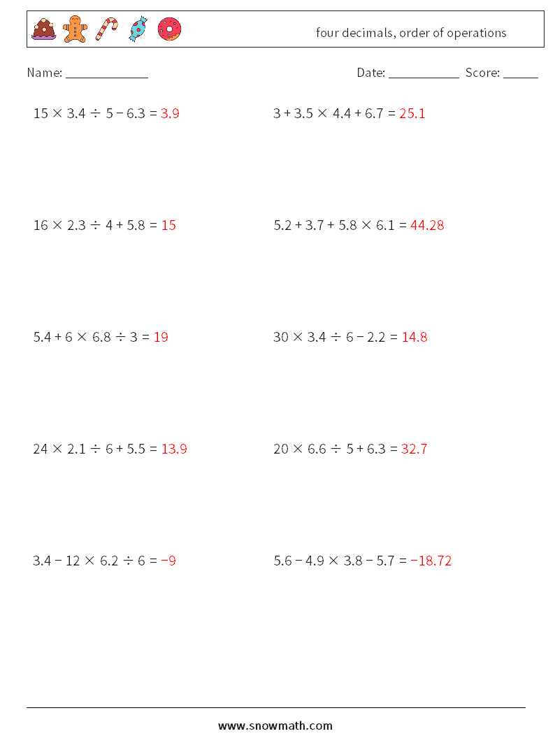 four decimals, order of operations Math Worksheets 12 Question, Answer