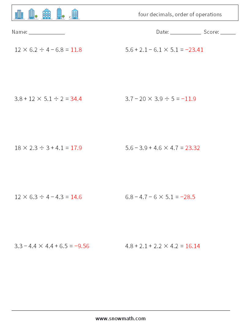 four decimals, order of operations Math Worksheets 16 Question, Answer