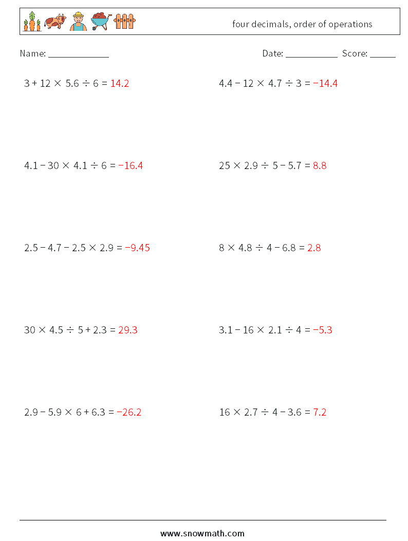 four decimals, order of operations Math Worksheets 18 Question, Answer