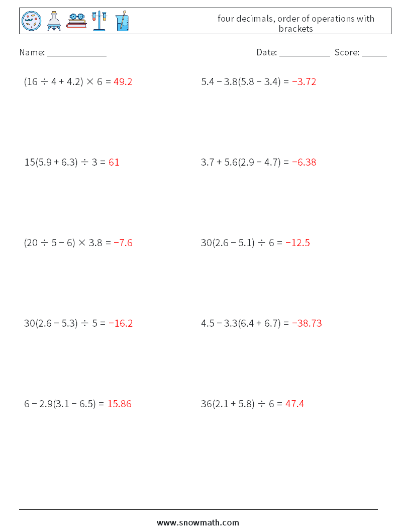 four decimals, order of operations with brackets Math Worksheets 10 Question, Answer