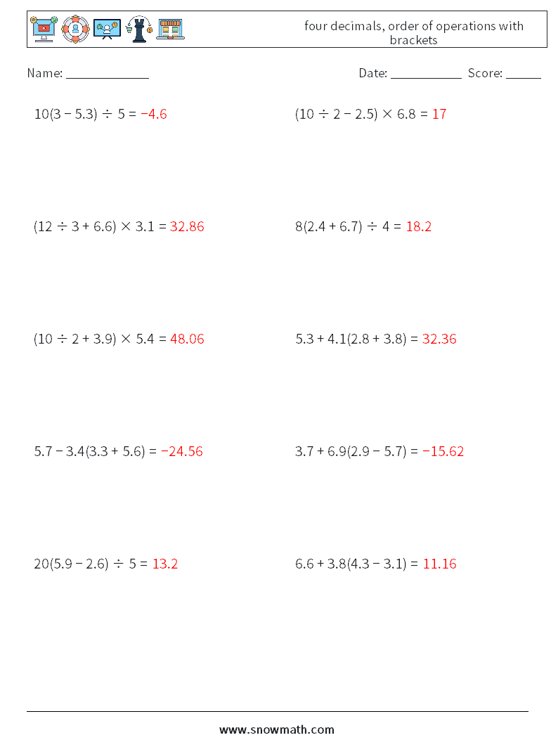 four decimals, order of operations with brackets Math Worksheets 11 Question, Answer