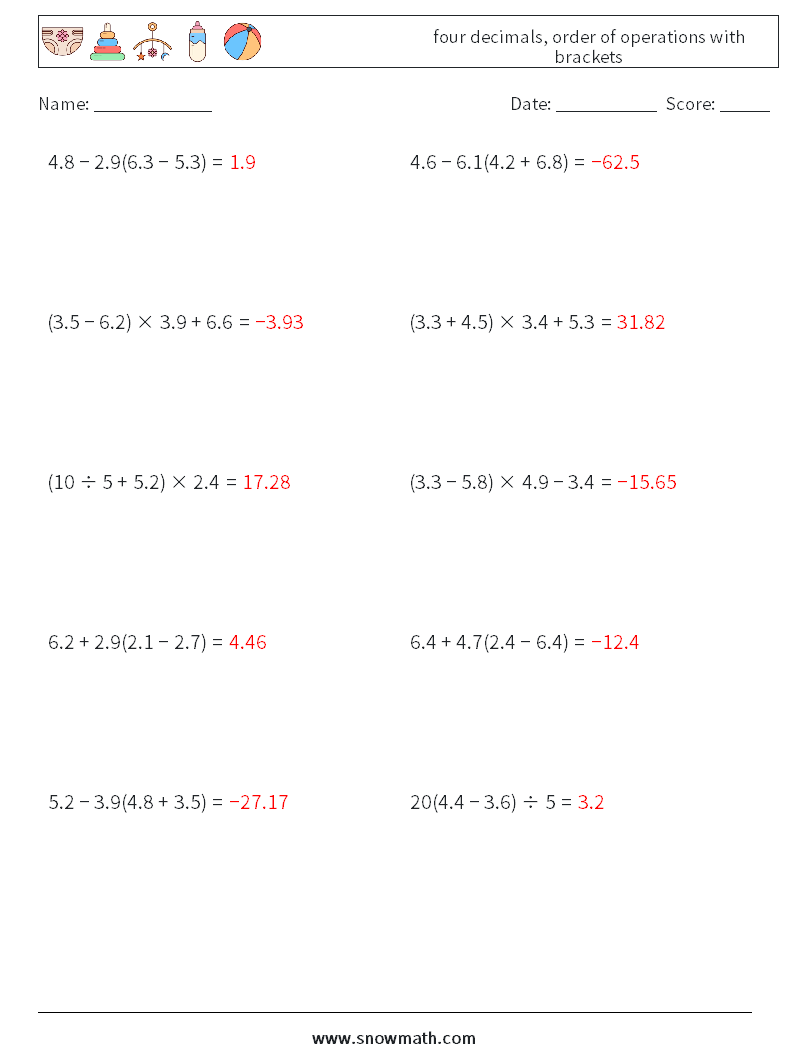 four decimals, order of operations with brackets Math Worksheets 14 Question, Answer