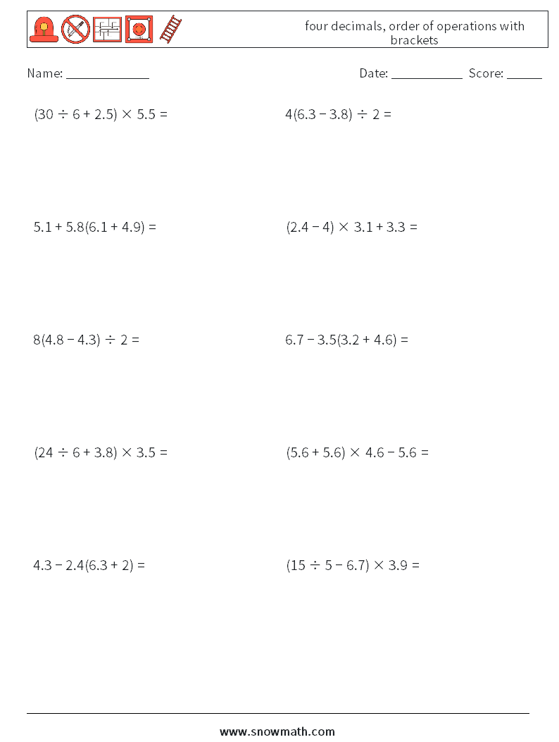 four decimals, order of operations with brackets Math Worksheets 15