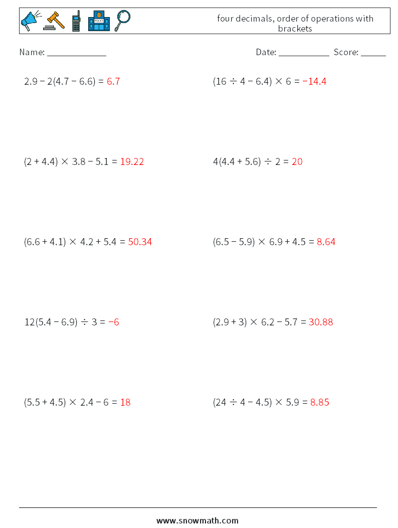 four decimals, order of operations with brackets Math Worksheets 16 Question, Answer