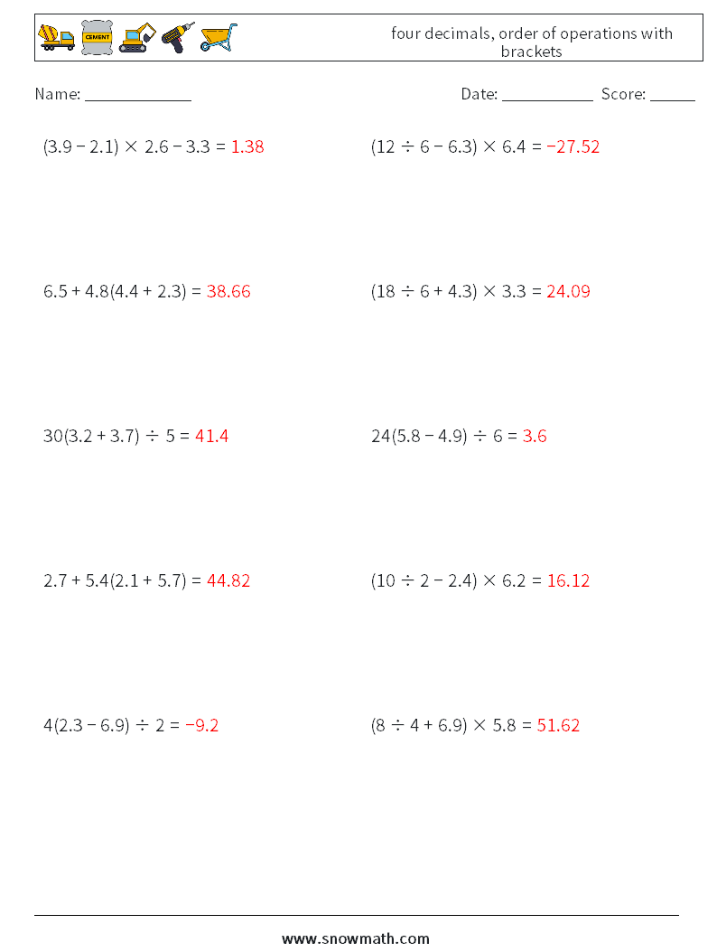 four decimals, order of operations with brackets Math Worksheets 18 Question, Answer