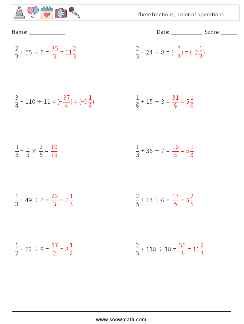 three fractions, order of operations Math Worksheets 11 Question, Answer