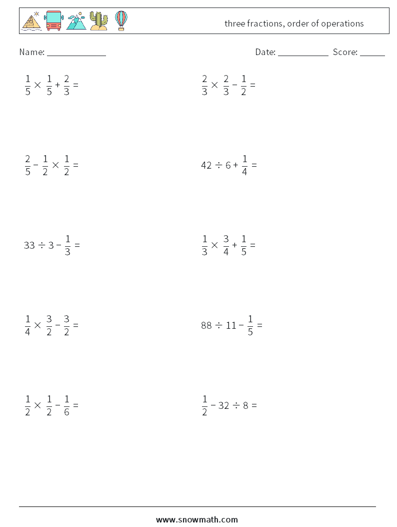 three fractions, order of operations Math Worksheets 13