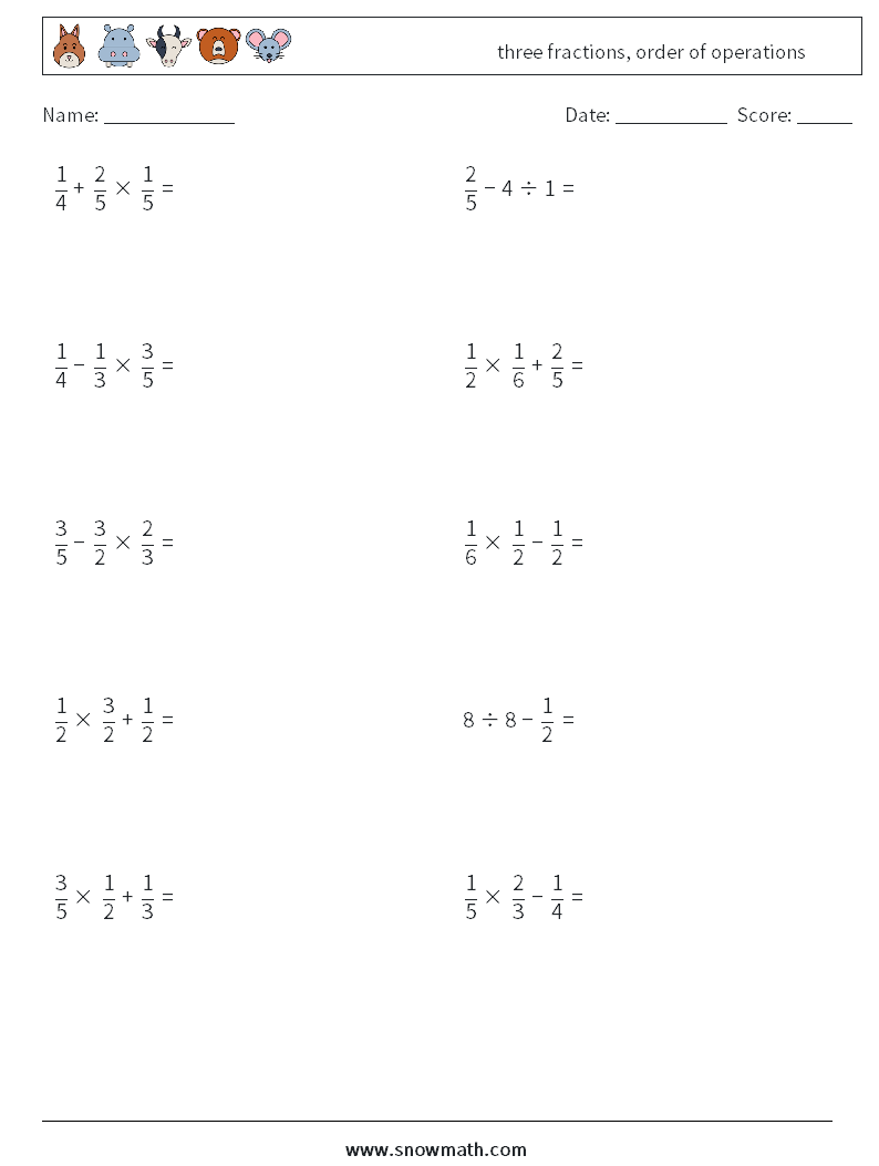 three fractions, order of operations Math Worksheets 16