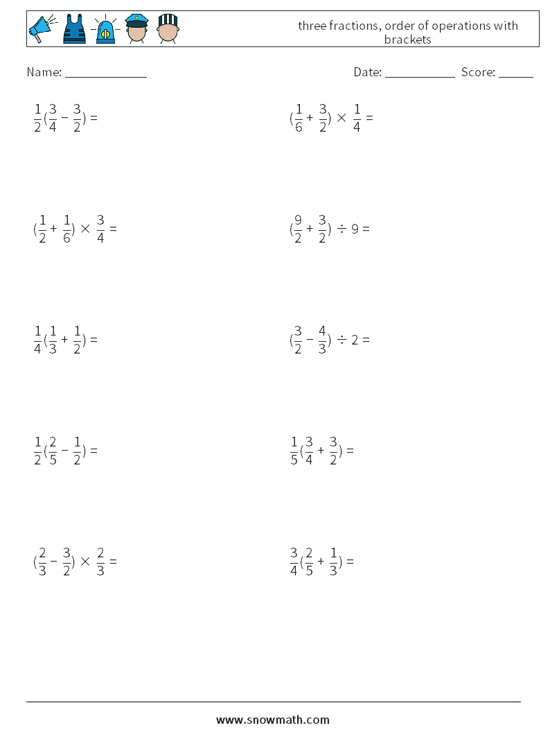 three fractions, order of operations with brackets Math Worksheets 11