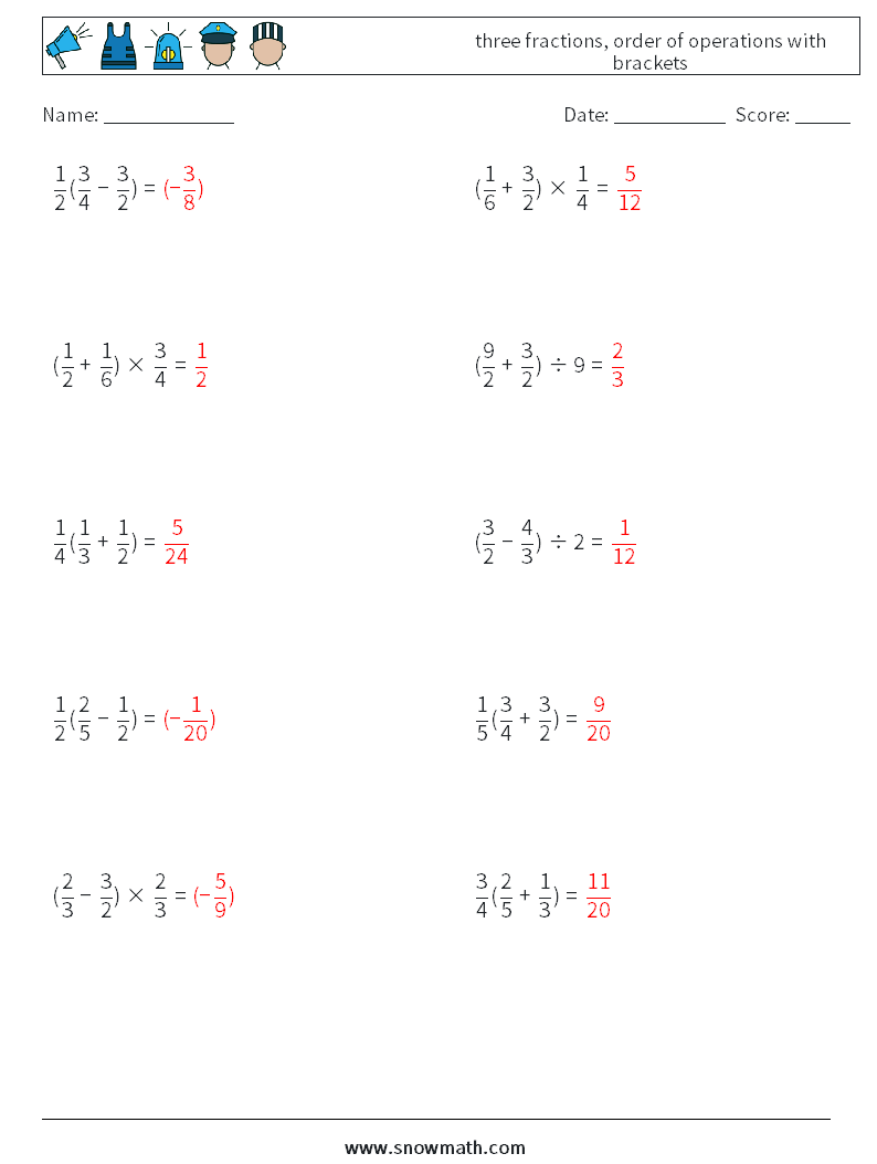 three fractions, order of operations with brackets Math Worksheets 11 Question, Answer