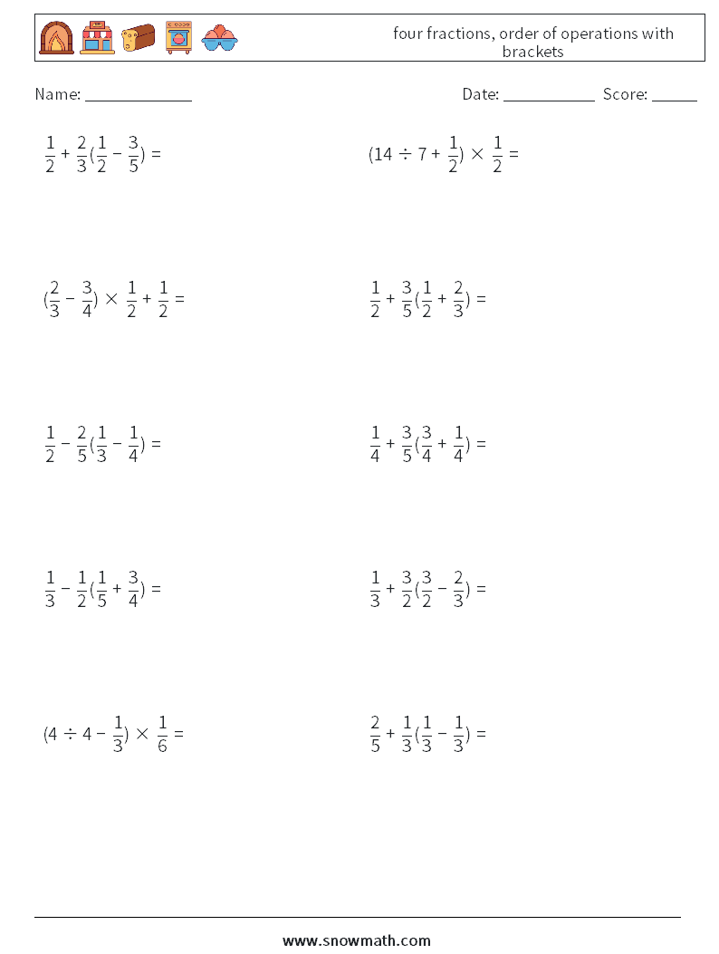 four fractions, order of operations with brackets Math Worksheets 10