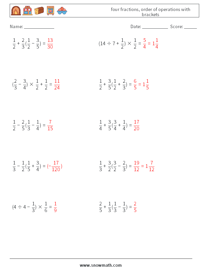 four fractions, order of operations with brackets Math Worksheets 10 Question, Answer