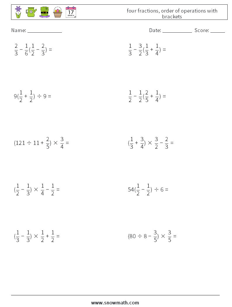 four fractions, order of operations with brackets Math Worksheets 11