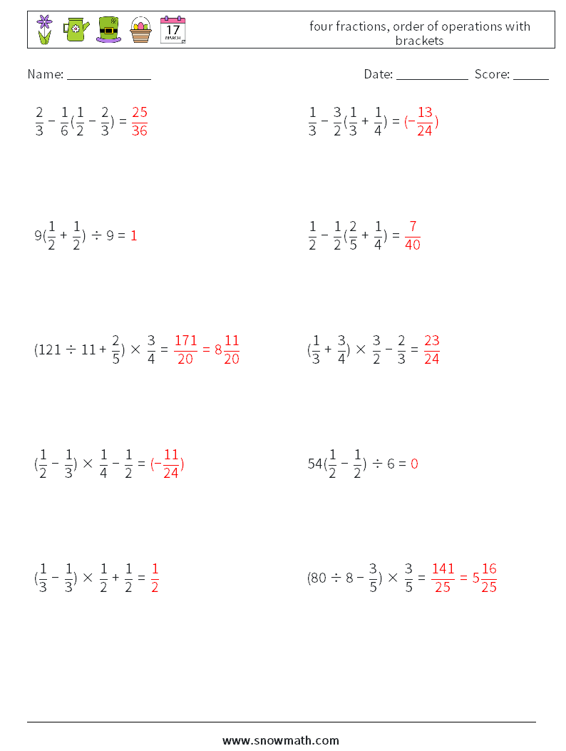 four fractions, order of operations with brackets Math Worksheets 11 Question, Answer