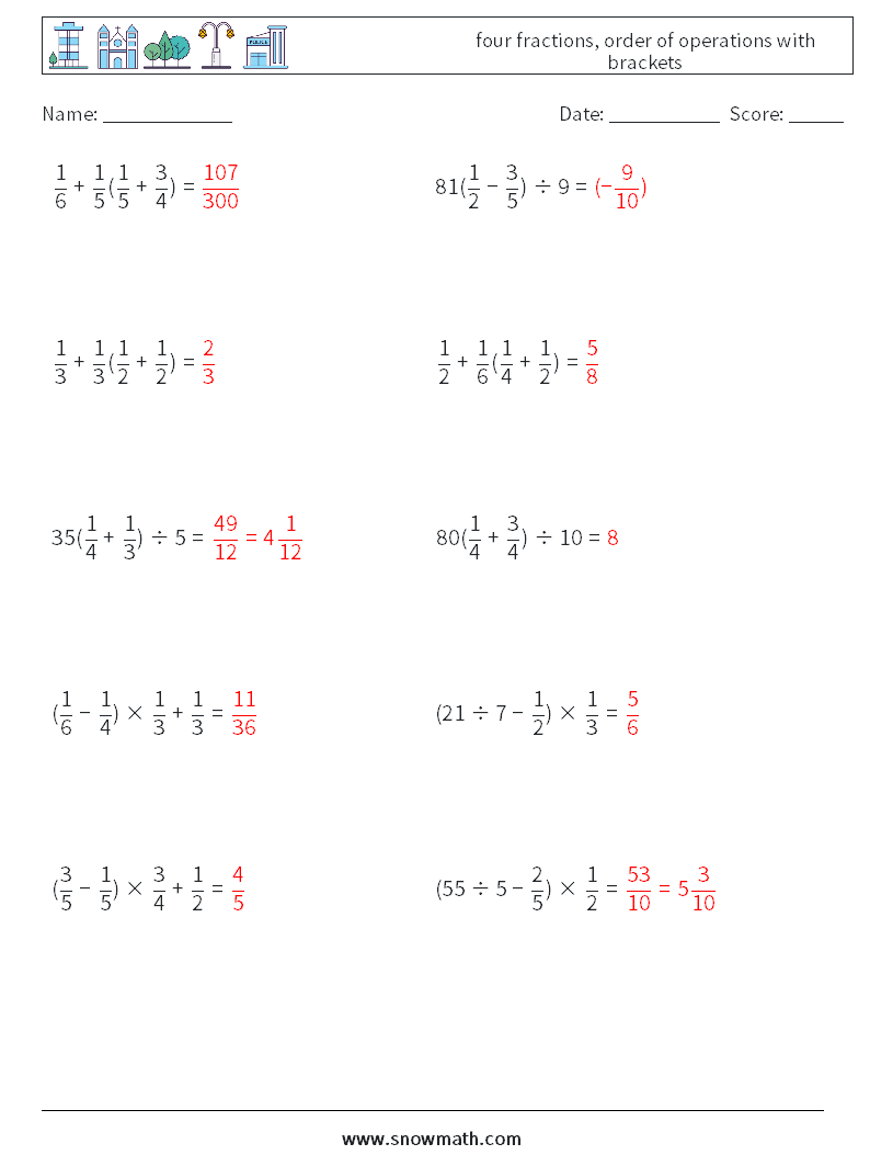 four fractions, order of operations with brackets Math Worksheets 12 Question, Answer