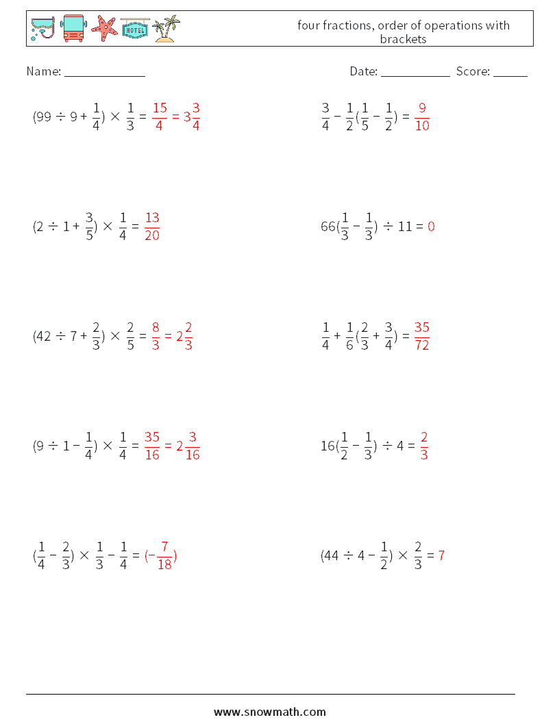 four fractions, order of operations with brackets Math Worksheets 14 Question, Answer