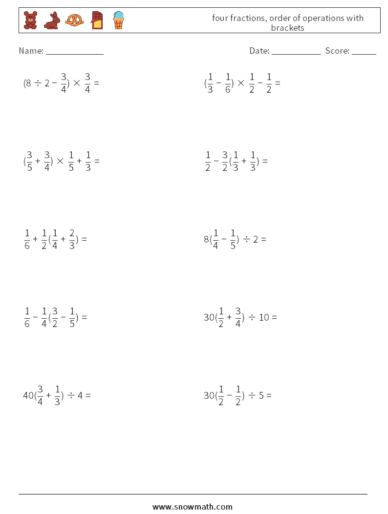 four fractions, order of operations with brackets Math Worksheets 15