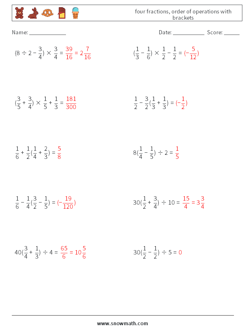 four fractions, order of operations with brackets Math Worksheets 15 Question, Answer
