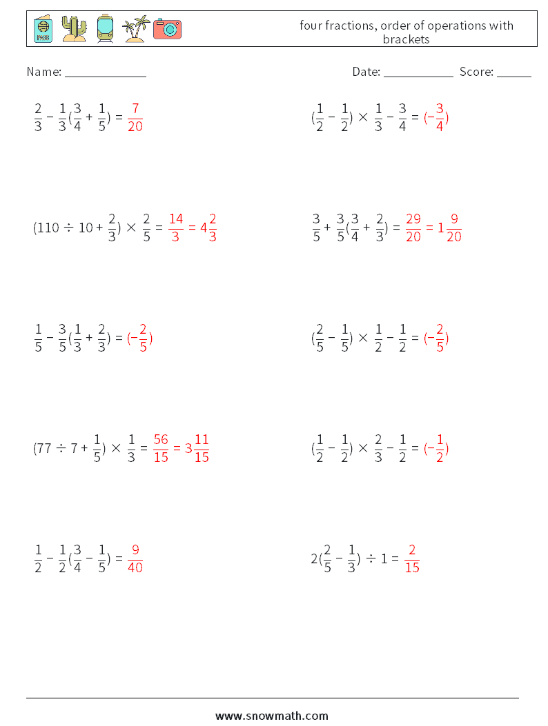 four fractions, order of operations with brackets Math Worksheets 16 Question, Answer