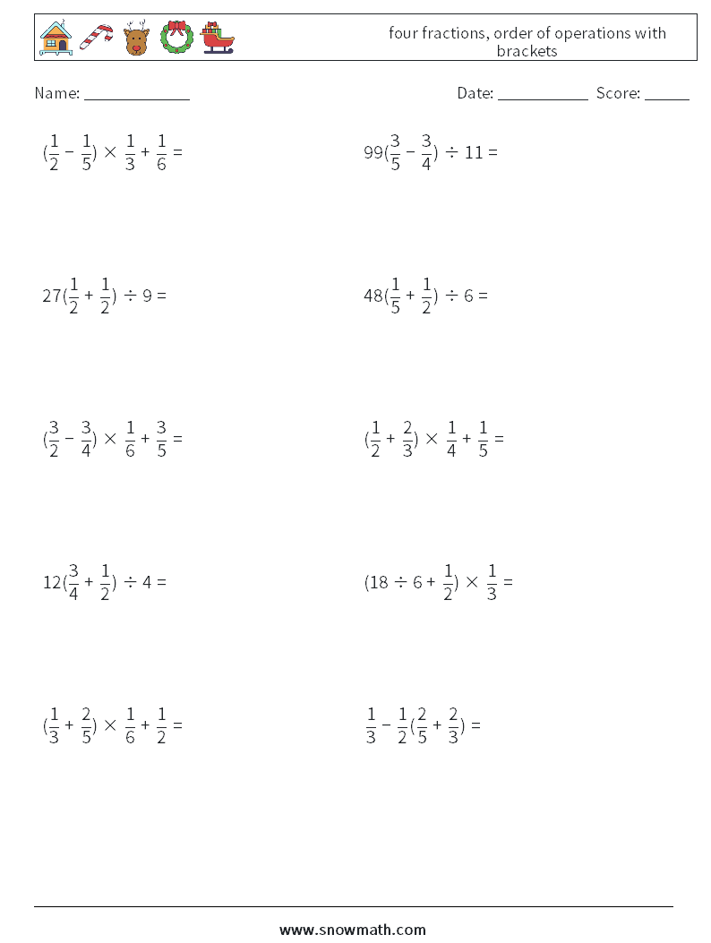 four fractions, order of operations with brackets Math Worksheets 17