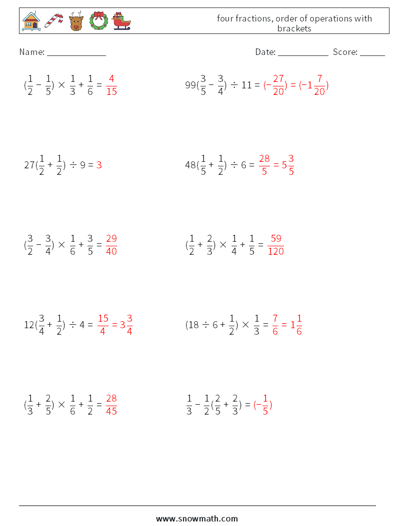 four fractions, order of operations with brackets Math Worksheets 17 Question, Answer