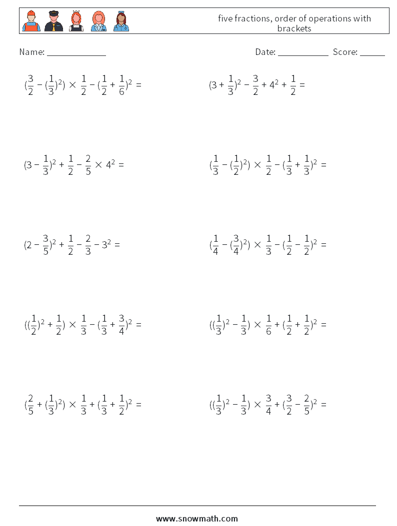 five fractions, order of operations with brackets Math Worksheets 15