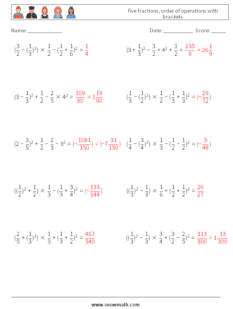 five fractions, order of operations with brackets Math Worksheets 15 Question, Answer