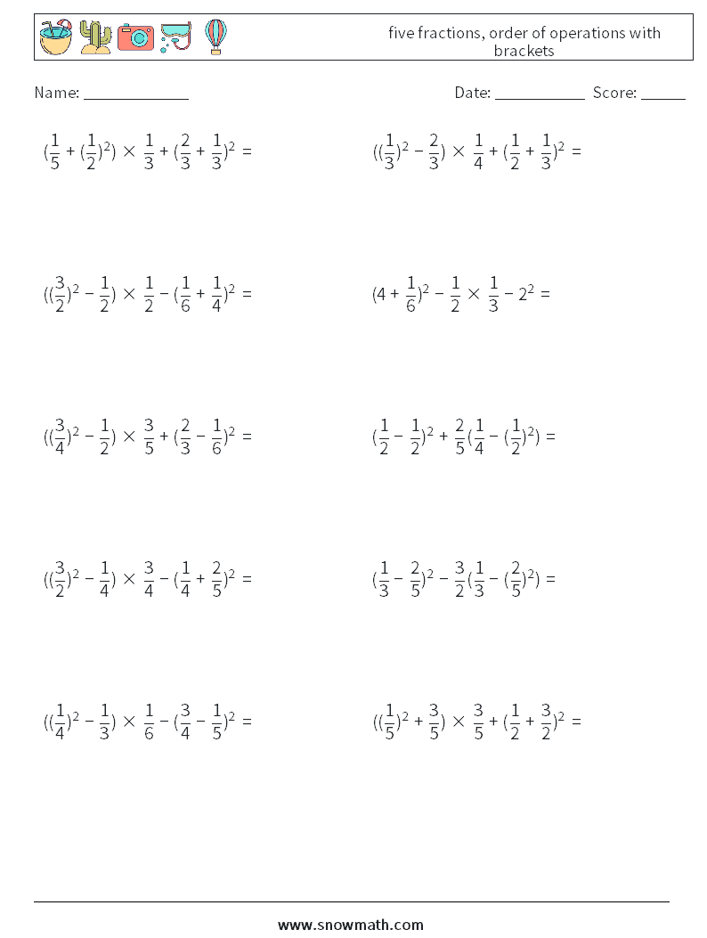 five fractions, order of operations with brackets Math Worksheets 17