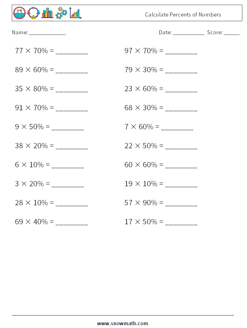 Calculate Percents of Numbers Math Worksheets 1