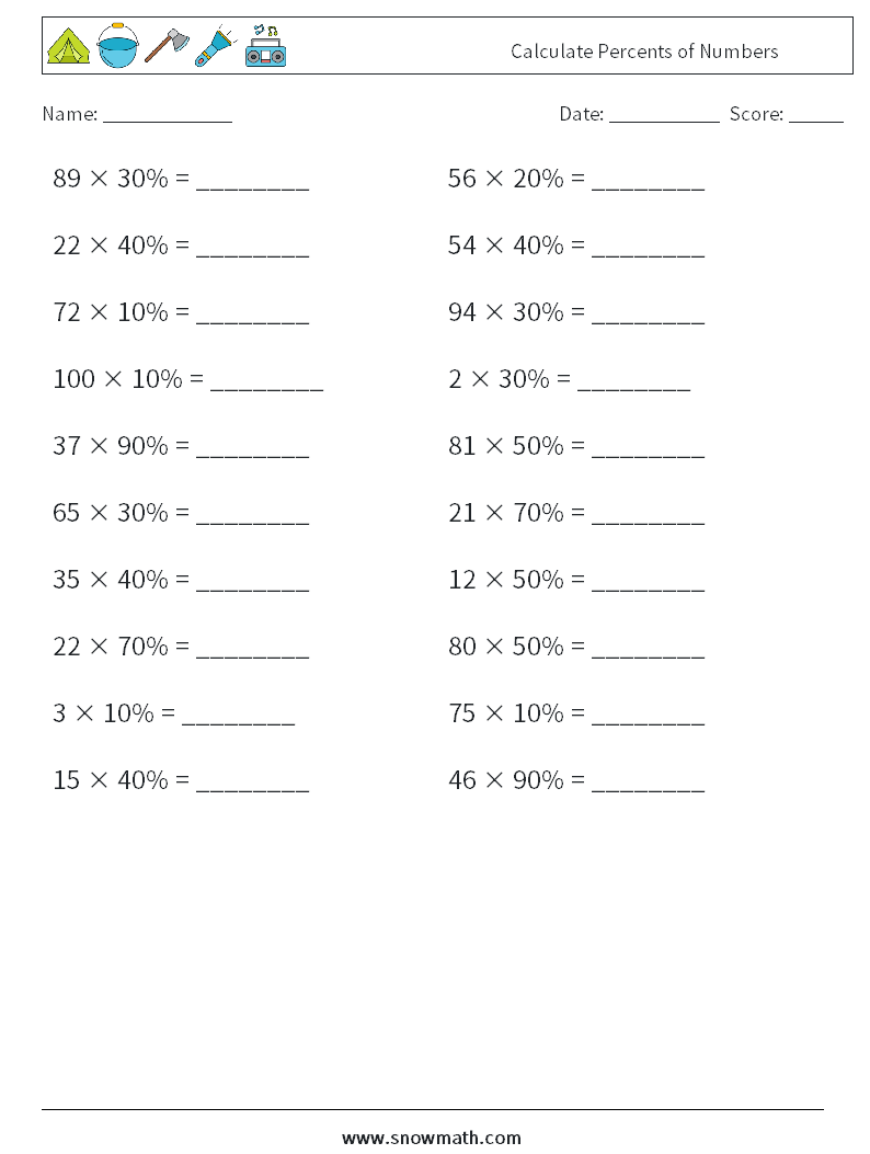 Calculate Percents of Numbers Math Worksheets 4