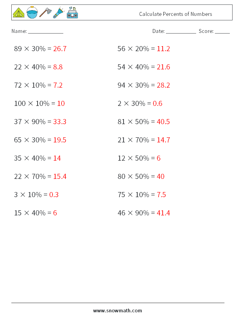Calculate Percents of Numbers Math Worksheets 4 Question, Answer