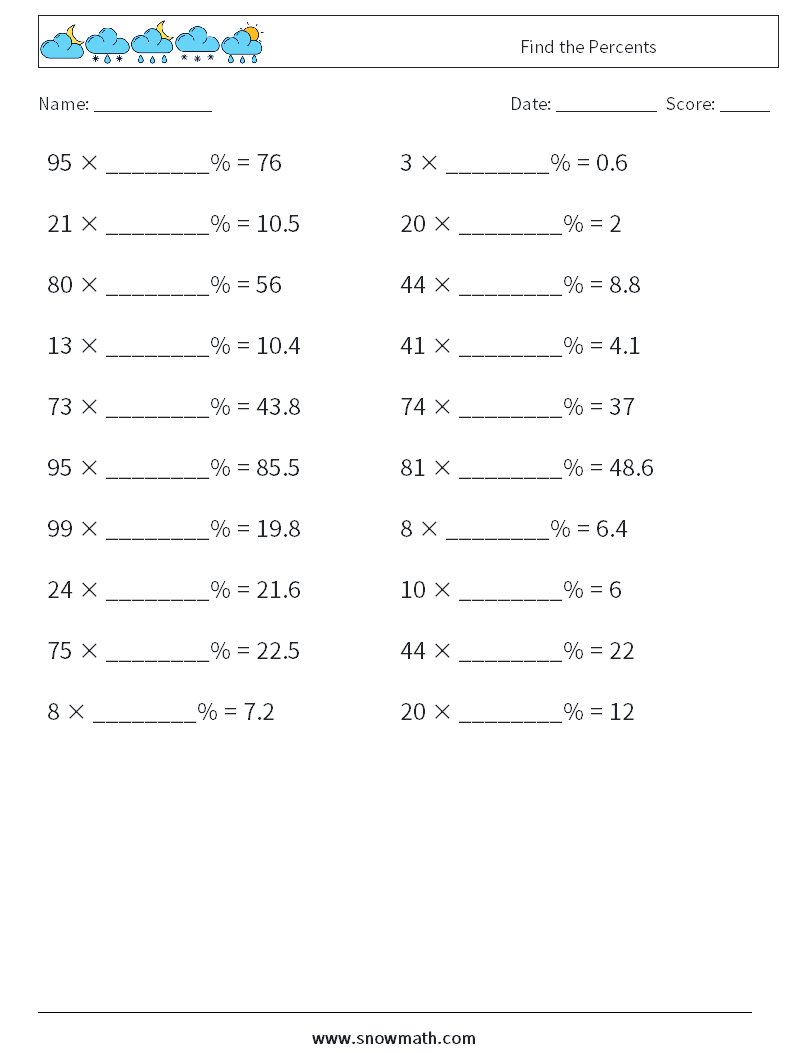 Find the Percents Math Worksheets 1